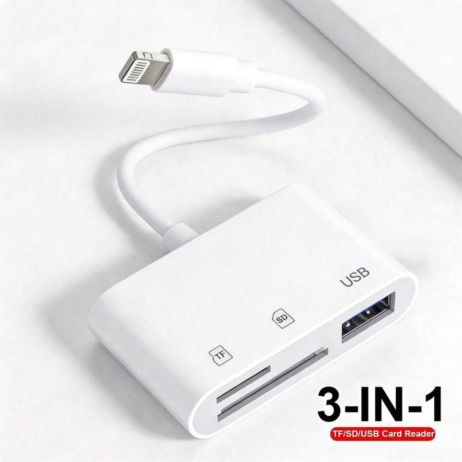 1pc USB C/Lightning 3-In-1 Card Reader, OTG 3.0 SD/TF/USB Flash Drive Adapter, Compatible With Type-C Laptops/Phones, Compatible With Iphone 17 Pro Max/17 Pro/17/Air/16/15/14/13/12/11, S25/S24/S23/S22/S21/S20, Series - White - View 1