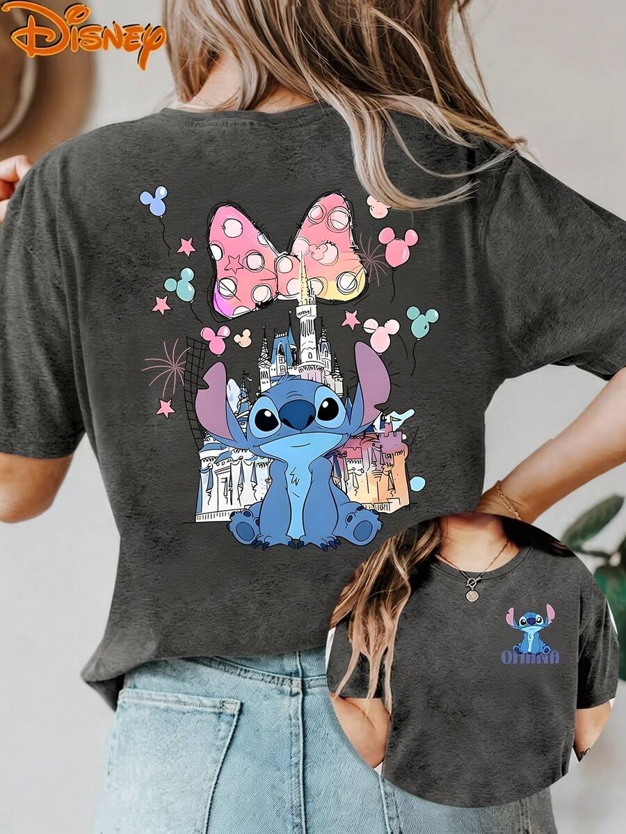 Disney License T Shirts,Disney Stitch Lilo & Stitch Graphic T-Shirt, Women's Oversized Castle Minnie Bow Mickey Balloon Print Short Sleeve Tee, Casual Loose Fit Cute Top For Lilo & Stitch Fans, Disney Trips, Daily Wear & Theme Park Outings ,Camiseta, Summer Outfits For Women, Summer Clothes, Summer Tops, Tops For Women, Festival Outfits, Summer Tops For Women, Mother's Day, Mother's Day Clothing, Gifts For Family And Friends, Spring Outfits For Women, Officially Licensed Disney T-Shirts, Disney Men's And Women's Spring/Summer Fashion Casual Short-Sleeve T-Shirts - 灰色 - 查看 1