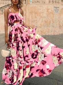 Spring/Summer New Beach Vacation Style Printed 2-Piece Set, Ruffle Camisole Top & Cake Skirt, Polyester Material Pink - Pink - View 4