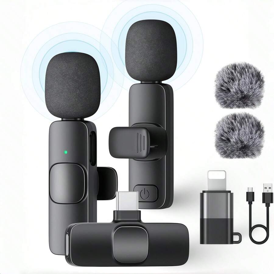 Mini Microphone For IPhone Android - Wireless Lavalier Microphone USB-C Lightning, Noise Cancelling Clip On Mic, 65ft Range, 12H Battery For Video Recording TikTokYouTube Content Creators - 黑色 - 查看 1
