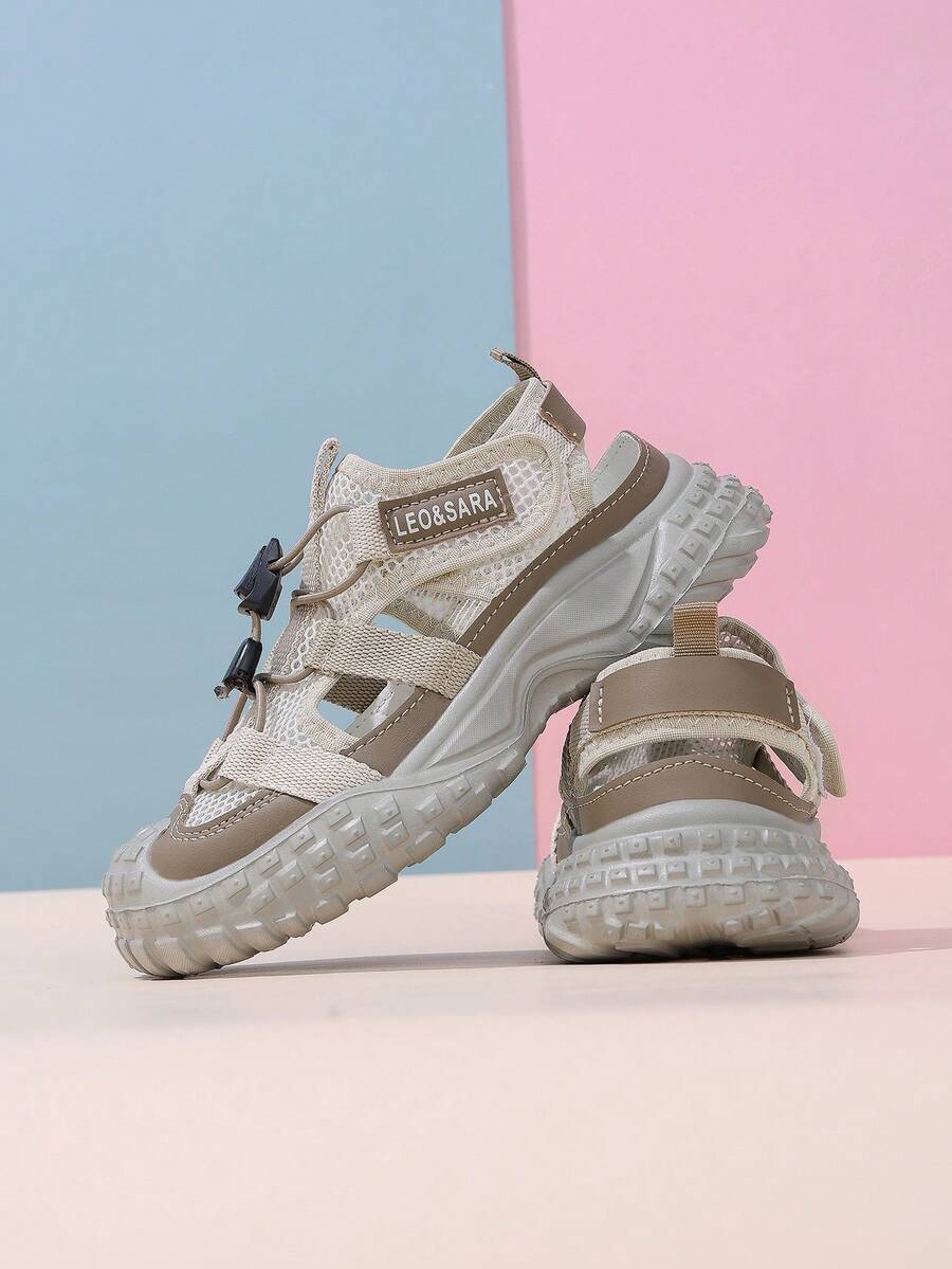 1 par de zapatillas deportivas gruesas para niños, diseño de costado hueco, cierre de conveniente, suela gruesa con patrón texturizado, bloqueo de color caqui, de moda - Caqui - Ver 1