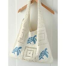 Women's Summer Beach Tote Bag - Crochet Design With Sea Turtle Pattern, Large Capacity Open-Top Tote, Beige Polyester, Suitable For Casual Outings And Coastal Vacations, Beach Tote Bag, Travel Accessory, Bohemian Fashion, Woven Texture, Spacious Tote Bag, Essential For Vacation, Ideal For Work, Back To School , Bohemian Outfit For Women , Beach Bag , Crochet, Holiday, Woven Bag, Straw Bag - 彩色 - 查看 4