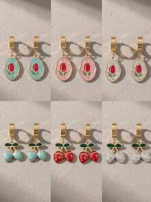 3 Pairs Random Combination Earrings, Including Oval Pendant, Tulip, Cherry Three Styles. Stainless Steel Waterproof Hypoallergenic Fade-Resistant, Suitable For Swimming, Bathing, Exercising. Versatile For White T-Shirt, Dress, Shirt, Spring Jacket, Brighten Daily Outfit. Suitable For Party, Beach Vacation, Wedding And Other Occasions, Also A Surprise Gift For Valentine's Day, Birthday, Mother's Day, Easter. - Multicolor - View 11