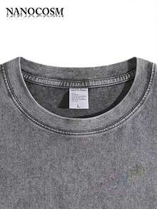 [100% Cotton Top] Cross & Letter Print Washed Tee - Retro Round Neck Breathable Streetwear, Casual Short Sleeve T-Shirt For Summer, Top For All Season - 灰色 - 查看 4