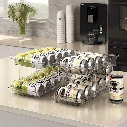 Soporte extensible de 2 niveles para latas de refrigerador, dispensador extensible de bebidas y cerveza, contenedor de almacenamiento deslizante de doble capa, apto para latas de 330-500 ml para cocina y despensa.