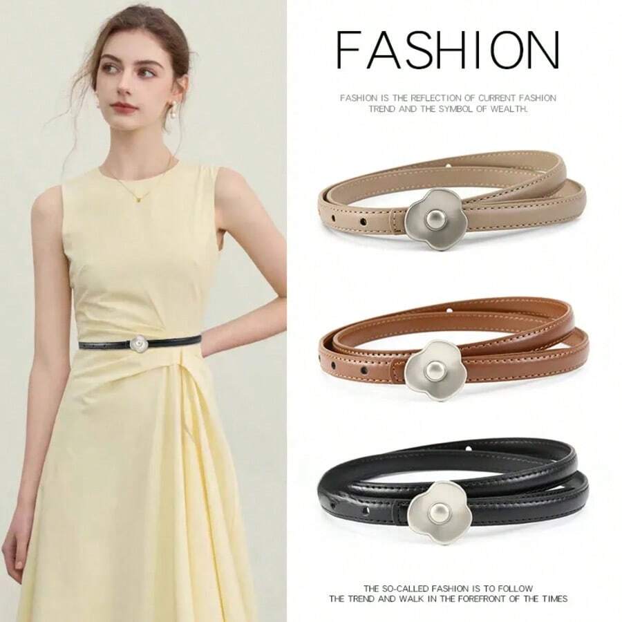 新款花卉装饰腰带，百搭纯色性感PU皮革，四季皆宜 - 多色 - 查看 1