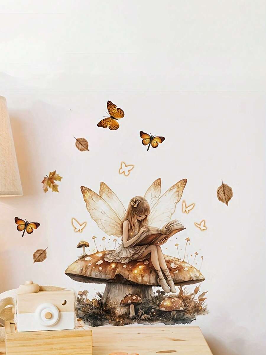 1pc Brown Mushroom Fairy Reading Wall Sticker, Self-Adhesive PVC Decorative Decal, Suitable For Living Room, Entryway And Bedroom - D - View 1