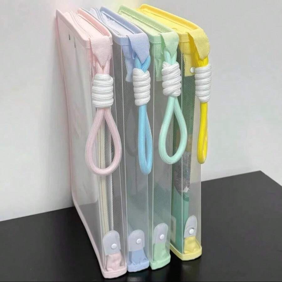 Macaron Color Transparent A4 File Bag, Large Capacity Textbook Zipper Bag, Thick Waterproof Student Handheld Storage Bag With Lanyard, 50pcs/Pack - Style 1 - View 1