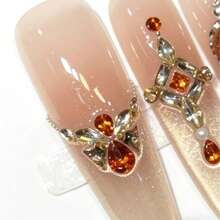 10Pcs Amber Rhinestone Cat Eye Press-On Nails, Long Coffin Gradient False Nails With 3D Gems, Reusable Luxury Manicure For Women Wedding Party Prom - Coral Pink - View 4