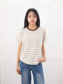 Kaos Wanita Lengan Pendek Bergaris Leher Bulat, Pakaian Sehari-hari Dasar, Potongan Ramping. Cocok untuk Pakaian Kasual dan Liburan Musim Panas. - Aprikot - View 11