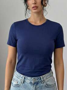 1pc Women's Scented T-Shirt With Built-In Bra, Wireless Short Sleeve Top With Fixed Padding, Slim Fit Solid Color Top Summer - Navy Blue - View 6