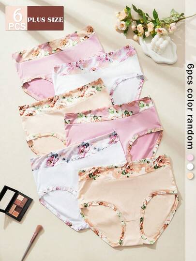6pcs Plus Size Random Ditsy Floral Fresh & Comfortable Solid Color Hipster Panties For Women