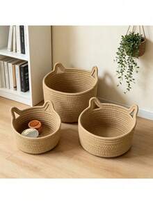 Pink Cat Ear Handmade Woven Desktop Storage Basket, Multifunctional Handheld Basket - Khaki - View 1