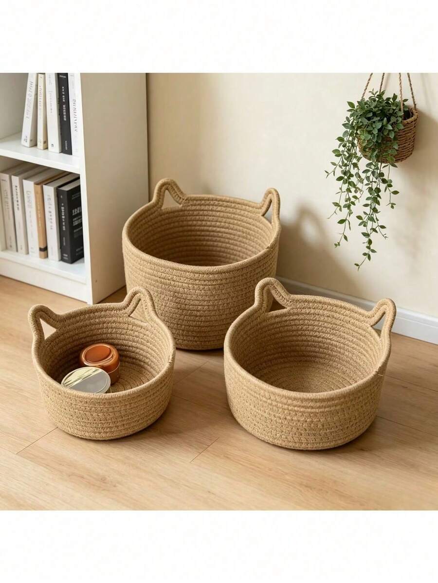 Pink Cat Ear Handmade Woven Desktop Storage Basket, Multifunctional Handheld Basket - Khaki - View 1