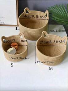 Pink Cat Ear Handmade Woven Desktop Storage Basket, Multifunctional Handheld Basket - Khaki - View 4