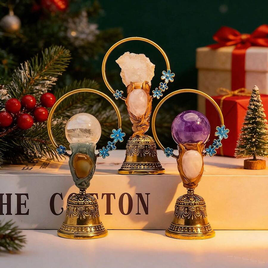 1 pièce Carillon en cuivre à boule de cristal naturel, cloche de guérison Feng Shui en cuivre pour décoration de la maison, cadeau et souvenir de Noël - clochette à boule de cristal - Voir 1