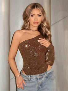 Spice Girls Sexy Mono de Lentejuelas con Cuello Asimétrico, Hombro Descubierto, Manga Larga, Estilo Body, Moda de Verano, con Pedrería - Café - Ver 5