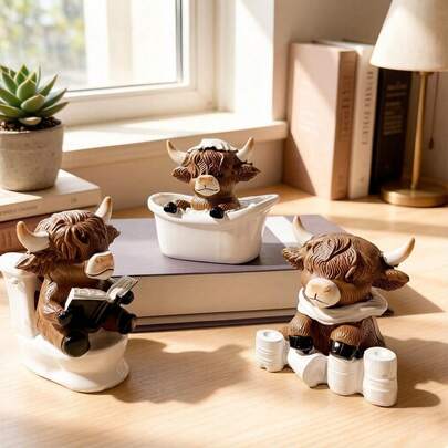 Creative Quirky Little Cow Resin Figurine, Presenting "Toilet Reading", "Bathtub Soaking", "Bathroom Tissue" Designs, Home Decor Tabletop Bookshelf Ornament, Unique Decoration For Cafe, Bookstore, Studio