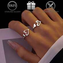 1 pieza Anillo de diseño asimétrico con corazón hueco minimalista de plata de ley 925, adecuado para uso diario, regalo para vacaciones y Día de San Valentín - Plateado - Ver 2