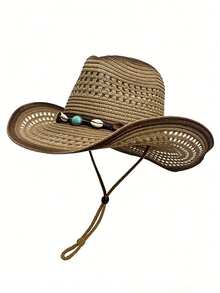 Unisex Brown Hollow Straw Cowboy Hat, Suitable For Outdoor, Casual, Beach, Vacation,Summer - A - View 6