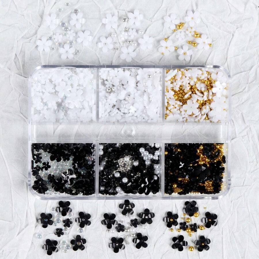 Six Grid Nail Art Set, Diamond Jewelry Box, Five Petal Flower Nail Art Jewelry, Mixed Flower Color Resin Jewelry, Pearl And Pearl Nail Art Accessories - màu đen - Xem 1