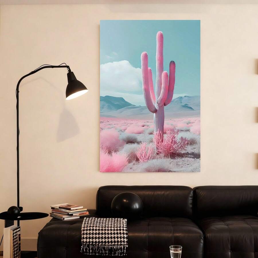 Con marco 1 pieza de de lona de cactus rosa, decoración enmarcada de para sala de estar, dormitorio, cocina, oficina, regalo único de Navidad, decoración de pared de fiesta individual, - Enmarcado - Ver 1