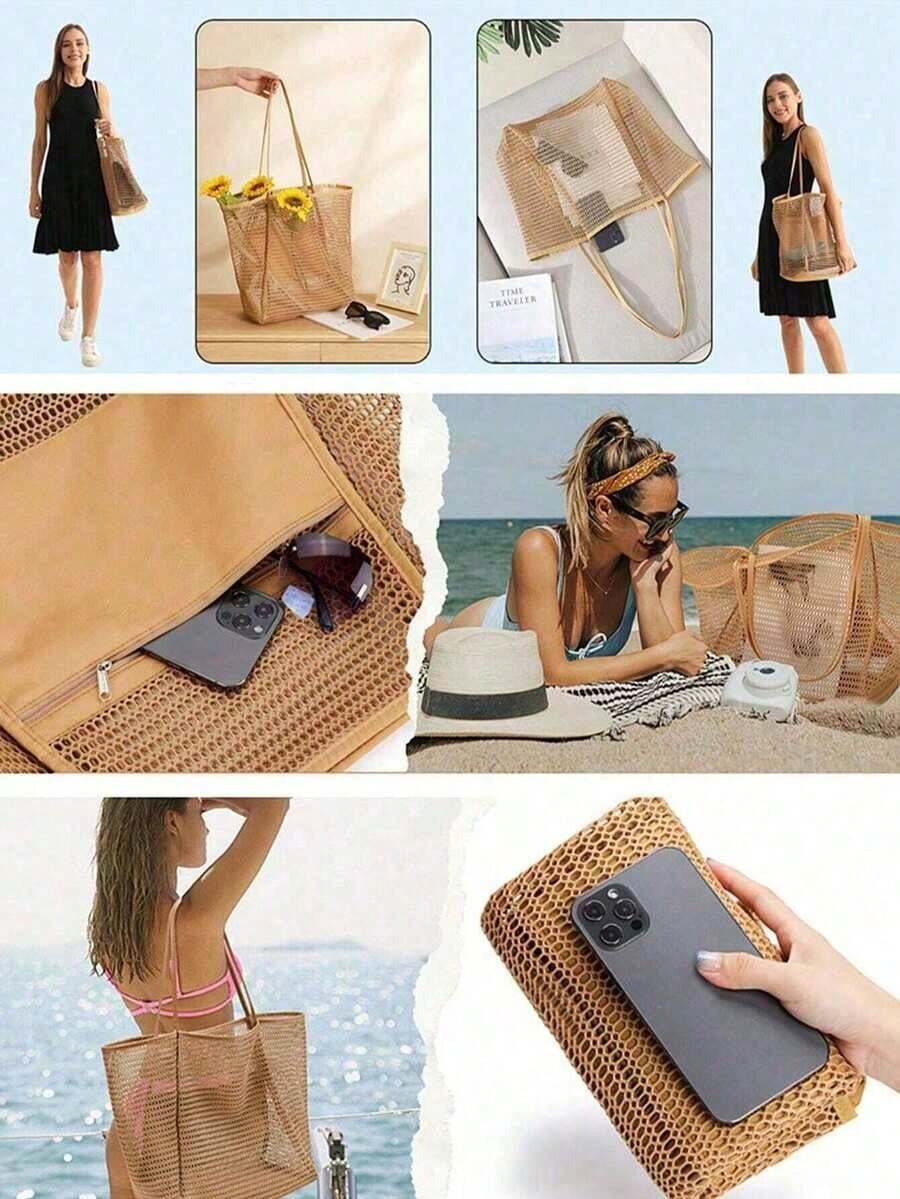 1pc Mesh Beach Tote Bag, Outdoor Activity Travel Organizer, Makeup, Cosmetic, Vacation Organizer, Large Capacity Cosmetic Organizer Makeup, Lipstick, Brush, Skincare, Phone, Coins, Small Items, Home,, Holiday And Halloween Multipurpose, Bohemian Style ,Makeup Bag V3BX - Khaki Mesh Beach Bag/1pc - View 1