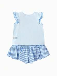 Balabala 2pcs/Set Young Girl Summer Outfit 2026, Soft Cotton, Plaid Bow Design, Lightweight & Breathable, Cute Daily Wear - Ice Blue - View 5