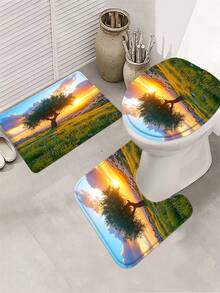 1/3/4 Set Sunset Olive Tree Landscape Bathroom Shower Curtain Set; Healing Natural Scenery Design Style, Waterproof , Suitable For Bathroom Decor And Accessories. Size: 71"X71", Includes 12 Hooks, Toilet Seat Cover, Bath Mat And Rug, Made Of High-Quality Polyester Fabric, Washable And Mildew-Resistant, Ideal For Holiday Decor, Bathroom Setup, And Room Decoration - Sunset Olive Tree - View 15