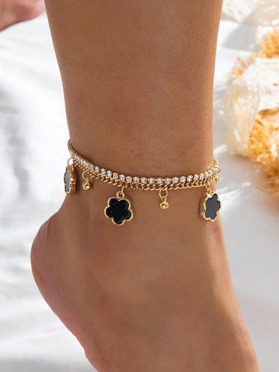 1pc Luxury Glamorous Radiant Summer Vacation Style Black Sweet Lucky 5 Pendant Multilayer Anklet For Women - Black - View 1