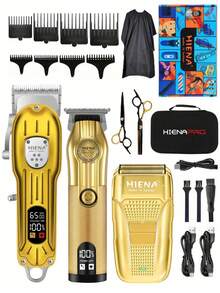 HIENA 4-In-1 Grooming Kit, Includes 2 Wireless Professional Gold Hair Clippers, Mesh Shaver, And 360° Nose Hair Trimmer With LED Display, USB Fast Charging, Suitable For Salon, Home Use, And Gift - Gold - View 14