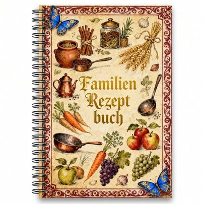 1 cuốn sách dạy nấu ăn và lập kế hoạch bếp núc tiếng Đức - Bìa thiết kế tiếng Ý (ghi chú bằng tiếng Anh) - Sách dạy nấu ăn gáy xoắn cổ điển với hình minh họa rau củ, trái cây và các cụm từ tiếng Đức - Quà tặng cho người nội trợ, thợ làm bánh, người nói tiếng Đức.