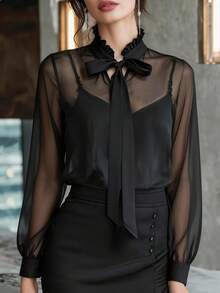 Women's Long Sleeve Sheer Blouse, French Elegant Black Bow Tie, Suitable For Work And Dates Summer - Black - View 4