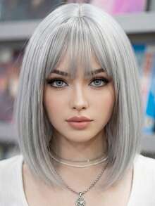 14 Inch Heat Resistant Silver Wig (Heatproof) - Short Straight Hair, Unique Silver Tone Full Wig Suitable For Retro Style - Multicolor - View 12