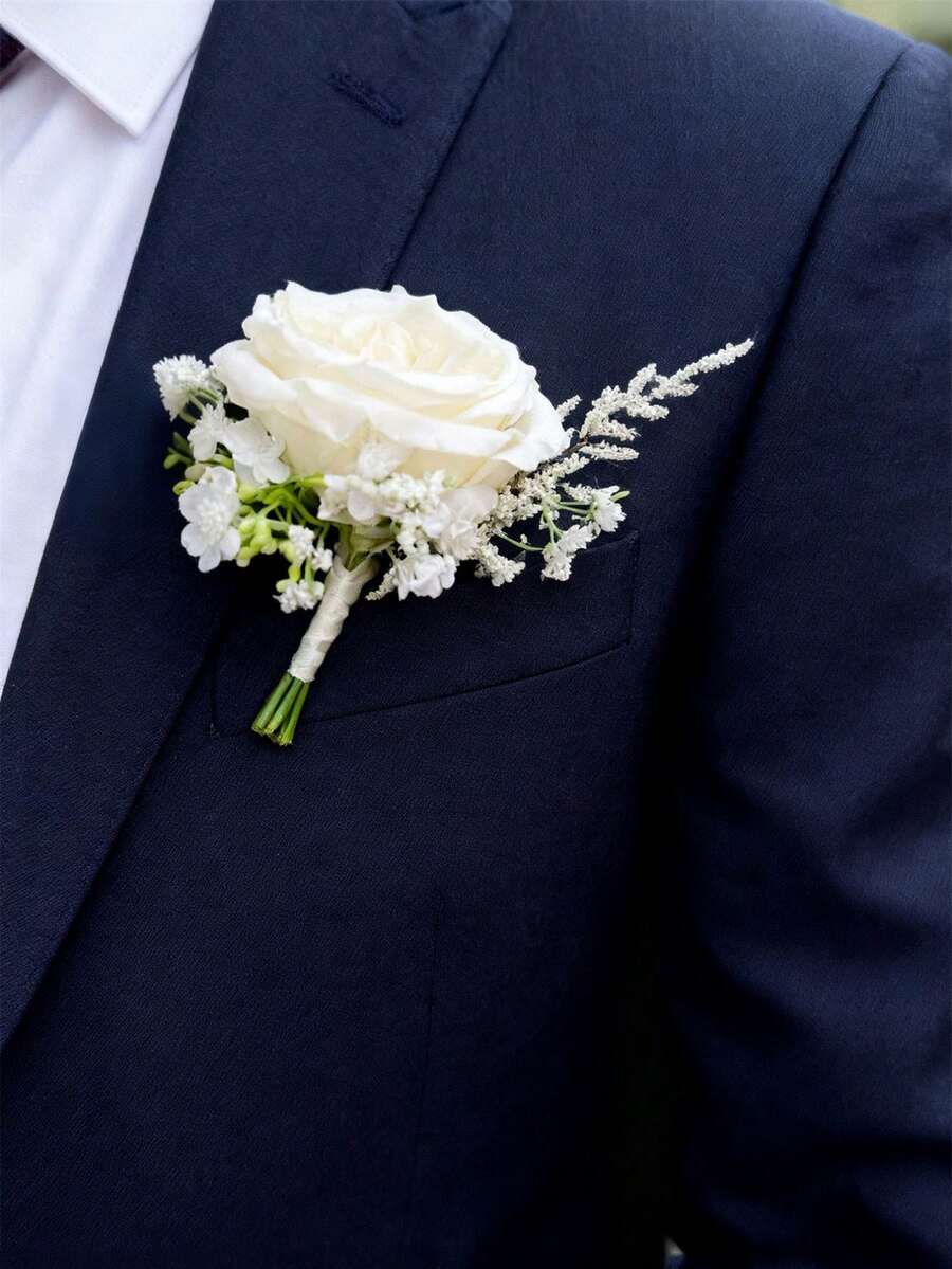 1 Stück/6 Stück künstliche Seide Rose Blume Bräutigam Ansteckblume Mann Bruder Corsage Abschluss Anstecknadel Anzug Hochzeit Blumen Party Dekoration - Milchig weiß - Übersicht 1