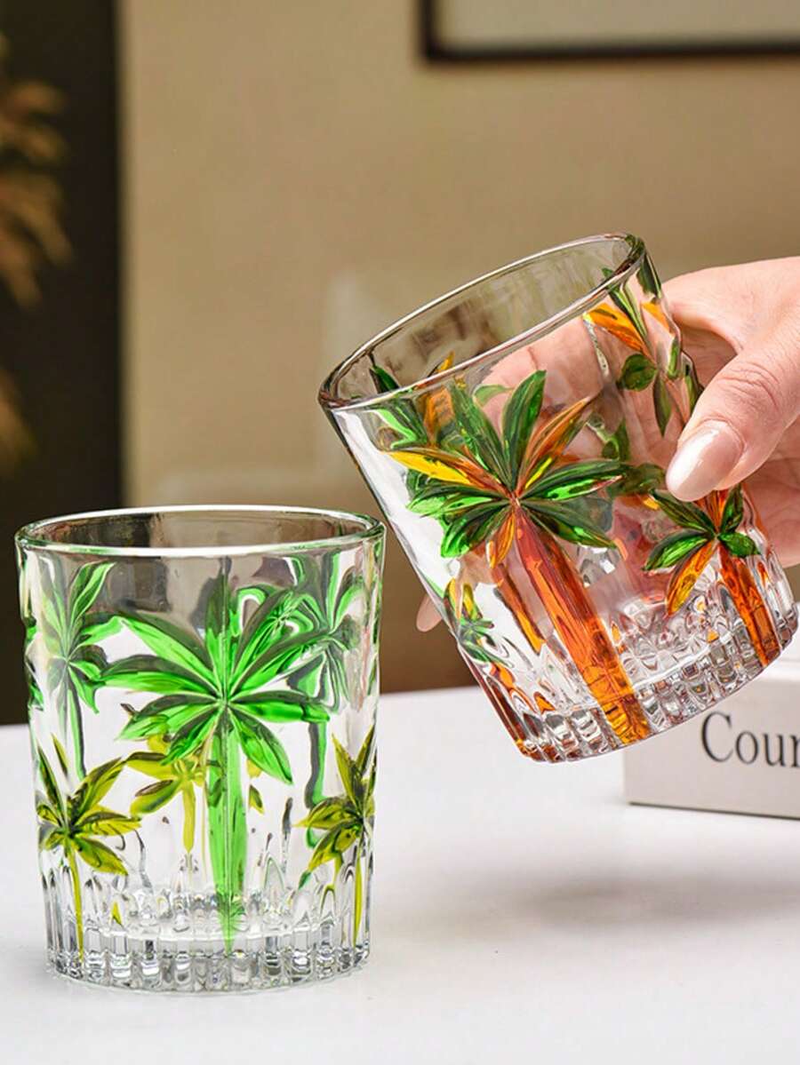 300毫升复古棕榈树浮雕玻璃杯，高品质，ins风冷饮杯，家用果汁/咖啡/水/威士忌杯，节日送礼佳品 - 彩色 - 查看 1