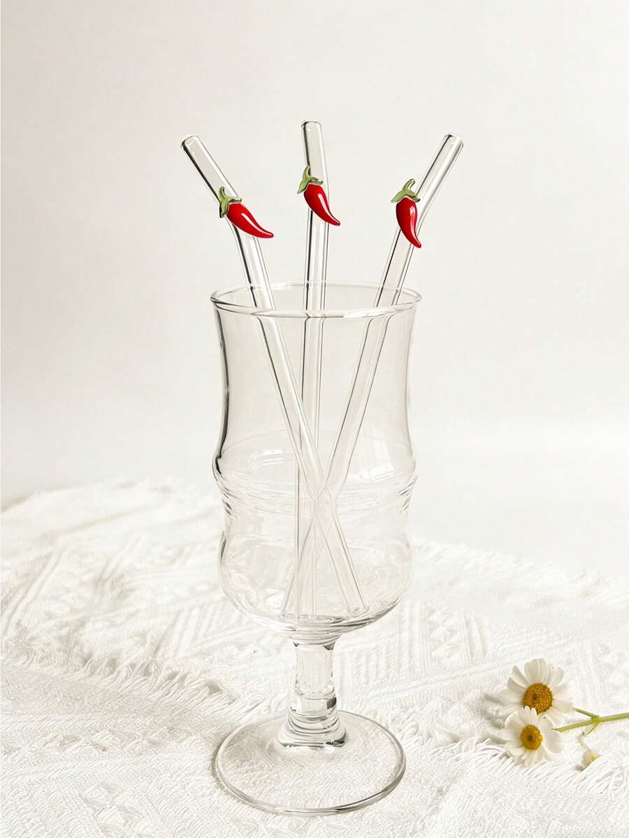 1/2/5 pièces Kit de pailles en verre incurvées transparentes réutilisables et résistantes avec design piment et embout décoratif, convient pour tasses à eau, boissons glacées, thé au lait boba, espresso, jus de fruits, smoothies, cocktails artisanaux, usage domestique, pub, café - Voir 1