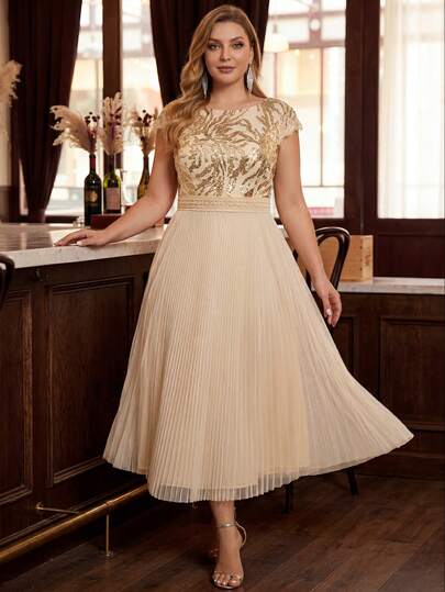 EVERPRETTY Đầm dạ hội cỡ lớn sang trọng đính sequin hoa văn, cổ thuyền, thân áo đính sequin tương phản và chân váy xếp ly, màu vàng kim, thích hợp cho tiệc cưới và khách dự đám cưới.