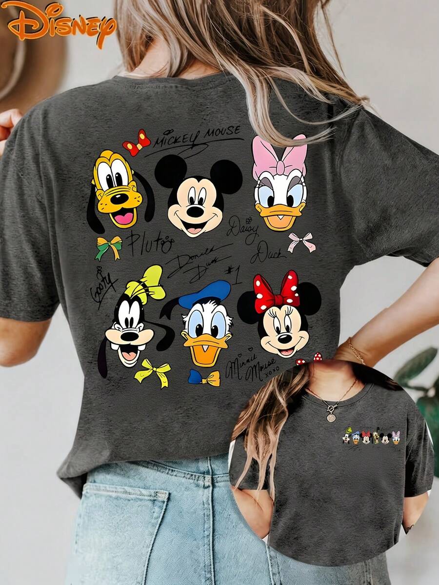 Camiseta con licencia de Disney, Camiseta holgada con estampado de firma y primer plano de Mickey Mouse y amigos de Disney para mujer, Camiseta gráfica holgada de personaje de dibujos animados clásicos retro para fans de Disney, Camiseta de manga corta con icono vintage de Disney para vacaciones familiares en Disney World, Regalos, Atuendos de verano para mujer, Ropa de verano, Blusas de verano, Blusas para mujer, Atuendos de festival, Blusas de verano para mujer, Día de la madre, Ropa de día de la madre, Regalos para familiares y amigos, Atuendos de primavera para mujer, Camisetas con licencia oficial de Disney, Moda casual de primavera/verano de Disney para hombres y mujeres Camisetas de manga corta - Gris - Ver 1