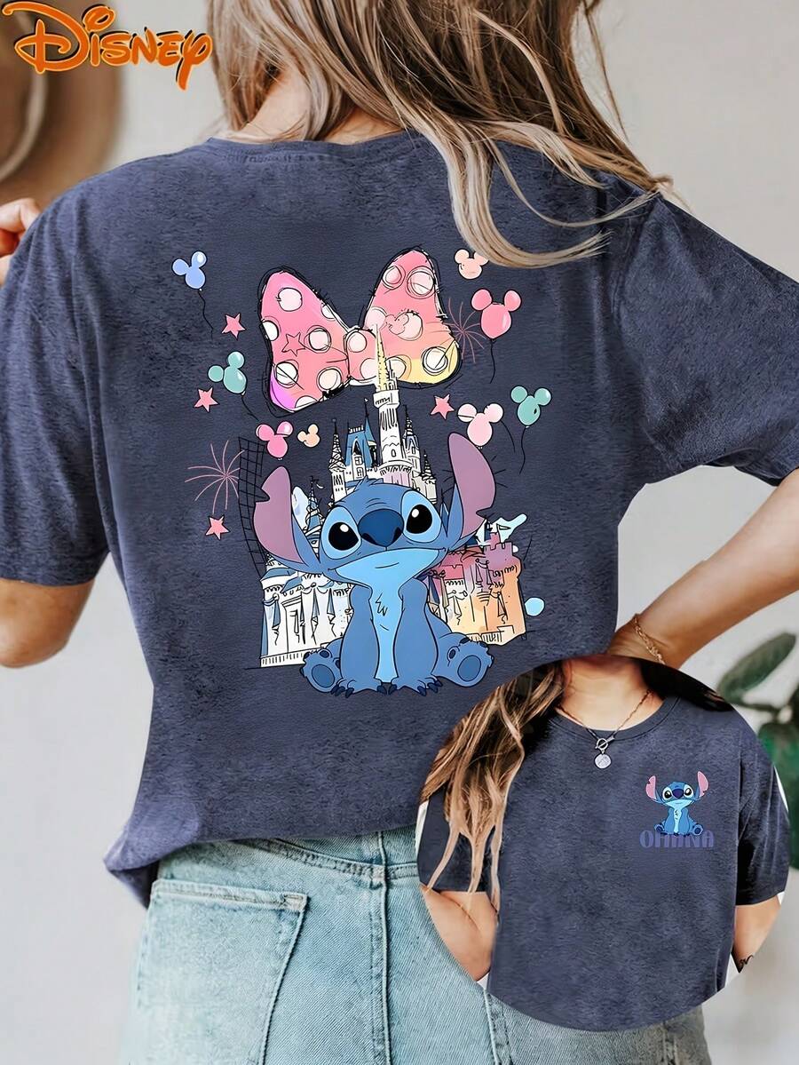 Disney License T Shirts,Disney Stitch Lilo & Stitch Graphic T-Shirt, Women's Oversized Castle Minnie Bow Mickey Balloon Print Short Sleeve Tee, Casual Loose Fit Cute Top For Lilo & Stitch Fans, Disney Trips, Daily Wear & Theme Park Outings ,Camiseta, Summer Outfits For Women, Summer Clothes, Summer Tops, Tops For Women, Festival Outfits, Summer Tops For Women, Mother's Day, Mother's Day Clothing, Gifts For Family And Friends, Spring Outfits For Women, Officially Licensed Disney T-Shirts, Disney Men's And Women's Spring/Summer Fashion Casual Short-Sleeve T-Shirts - Màu xanh lam - Xem 1