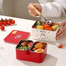 Hộp cơm giữ nhiệt Miffy bằng thép không gỉ 304, hình vuông có nắp, hộp cơm bento dành cho học sinh/nhân viên văn phòng, thiết kế hai ngăn dễ thương kiểu Nhật, nắp trong suốt có khóa cài màu đỏ. - Nhiều màu - Xem 4