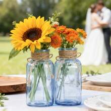 Vintage Glass Flower Vase, Farmhouse Glass Centerpiece Vases Mason Jars For Weddings, Parties & Home Decor Bulk (12, Transparent)  Bud Vases For Flowers For Rustic Wedding KDW8 - Blue - 查看 6