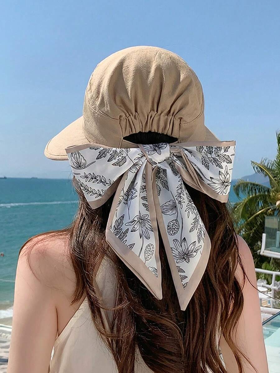 1pc Women's Large Brim Tied Back Sun Hat, Summer UV Protection Wide Brim Bucket Hat, Patchwork Bow Tie Beach Sun Hat, Suitable For Daily, Vacation, Beach, Hiking,Holiday,Travel - Multicolor - View 1
