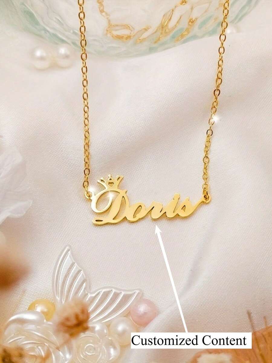 Customized Personalized Necklace With Small Crown Design, Can Be Engraved With Name, Number Or Meaningful Phrase - Multicolor - View 1