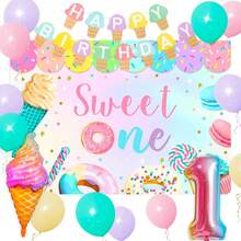 Dulce decoración de cumpleaños para bebé niña 1er cumpleaños juego de decoración de fiesta con cajas de globos, telón de fondo, guirnalda, pancarta de dona, suministros de fiesta temática de helado - Rosa 1 - Ver 8