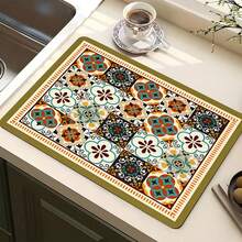 1 pieza Felpudo multiusos absorbente con patrón de azulejos florales vintage azul y dorado, protector de encimera impermeable de poliéster para cocina, mesa de comedor, secado de platos, lavadora, cafetera, tocador de baño, accesorios de cocina, suministros para fiestas - Mosaico de azulejos florales en tonos cálidos - Ver 12