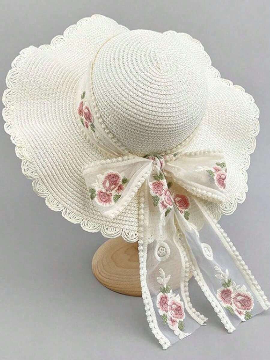 1pc Bohemian Style Retro Korean Version Breathable Straw Hat For Women. Beach Travel Sun Hat, New Street Fashion Wide Brim Hat, Decorated With Elegant Bow And Ribbon Details, Made Of Lightweight And Breathable Polyester Fiber With UV Protection. - Mũ Rơm - Xem 1