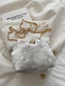 Túi xô dây rút hình ngôi sao và mặt trăng màu trắng, túi đeo chéo dây xích ngọc trai, túi đeo vai kiểu cô gái ngọt ngào. - trắng - Xem 5