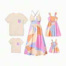 PatPat Family Matching Outfits Set Colorblock Sleeveless Strappy Dress Or Short-Sleeve T-Shirt - 彩色 - 查看 2
