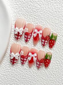 10Pcs Sweet Strawberry Style Handmade Nail Art Set,Unghie Press On,A Bow And Small Red And White Flowers Nail Art Accessories,Hand Sculpted Strawberry Nail Art Decorations,Line Nail Art Decorations,Red And White Nail Polish,Fresh Fruit Cluster Style,Comes With Nail Tools(1 Sheets Jelly Stickers+1PC Nail File)3 Sizes Available,Almond Nails, Duck Nails,Coffin Nails,Suitable For Reunion,Daily,Party,Photograph,Play,Spring Summer,Commute Supplies Nails - Nhiều màu - Xem 12
